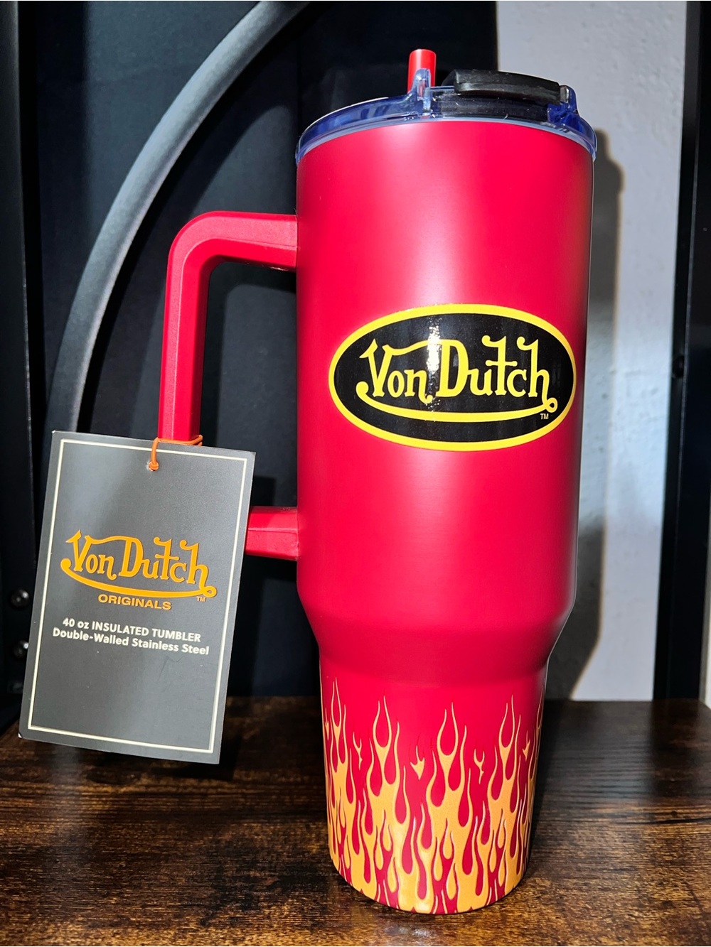 Von Dutch Red 40 oz Insulated Tumbler with Yellow Flame Graphic